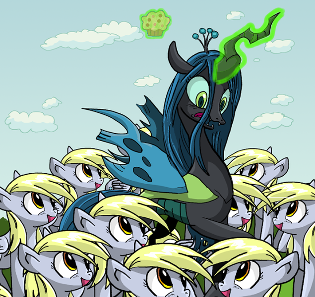 Size: 640x605 | Tagged: safe, artist:xkappax, derpibooru import, edit, derpy hooves, queen chrysalis, changeling, pegasus, pony, derpies, derpocalypse, female, magic, mare, muffin, multeity, telekinesis, that pony sure does love muffins, unstoppable force of derp