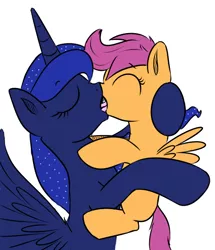 Size: 500x581 | Tagged: suggestive, artist:xioade, derpibooru import, princess luna, scootaloo, eyes closed, female, foalcon, french kiss, kissing, lesbian, luna is a foal fiddler, mare on filly, open mouth, scootaluna, shipping, spread wings, tongue out