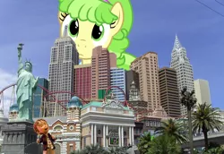 Size: 688x473 | Tagged: casino, chickadee, cute, derpibooru import, giantess, james, james and the giant peach, las pegasus, las vegas, macro, ms. peachbottom, new york, pun, safe, visual pun