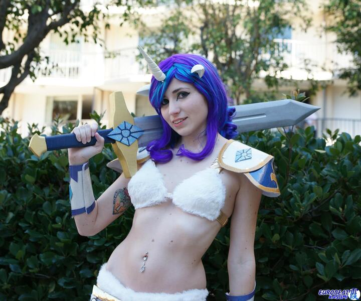 Size: 2048x1707 | Tagged: anime los angeles, artist:blakstarr, bellyring, cosplay, derpibooru import, human, irl, irl human, photo, rarity, safe, solo, sword, weapon