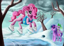 Size: 1200x873 | Tagged: safe, artist:gusteaureeze, derpibooru import, pinkie pie, spike, twilight sparkle, dragon, earth pony, pony, unicorn, season 1, winter wrap up, clothes, cloud, cloudy, cutie mark, dragons riding ponies, female, ice, ice skates, ice skating, male, mare, riding, snow, unicorn twilight, vest, weather team, winter, winter wrap up vest