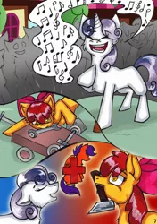 Size: 600x853 | Tagged: safe, artist:olivcater, derpibooru import, apple bloom, sweetie belle, comic, hammer, medicines called friends needed, singing, wagon, wrench