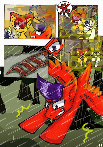 Size: 600x860 | Tagged: apple bloom, artist:olivcater, clubhouse, comic, crusaders clubhouse, cutie mark crusaders, derpibooru import, fire, ladder, medicines called friends needed, rain, safe, scootaloo, scootaloo can fly, sweetie belle