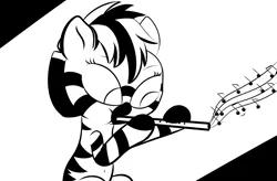 Size: 1920x1260 | Tagged: artist:cosmonaut, belly button, derpibooru import, female, filly, flute, monochrome, music, musical instrument, oc, oc:samoa, safe, solo, unofficial characters only, zebra, zebra oc