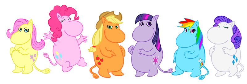 Size: 1336x455 | Tagged: applejack, artist:crypticannelid, crossover, derpibooru import, fluttershy, moomin, moominified, moomins, pinkie pie, rainbow dash, rarity, safe, species swap, tanoshii moomin ikka, the moomins, twilight sparkle