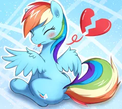 Size: 1060x946 | Tagged: safe, artist:aymint, derpibooru import, rainbow dash, pegasus, pony, back, blushing, cute, eyes closed, female, heart, heartbreak, mare, pfft, plot, raspberry, solo, spitting, tongue out, tsunderainbow, tsundere