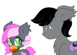 Size: 2781x2000 | Tagged: safe, artist:starlightlore, derpibooru import, oc, oc:aux, oc:heartbeat, unofficial characters only, bat pony, pony, blank flank, crying, floppy ears, heart, heart eyes, mango, mouth hold, simple background, transparent background, wingding eyes