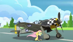 Size: 1175x680 | Tagged: aircraft, artist:colorcopycenter, clothes, cloud, cloudy, fighter, fluttershy, fw 190, goggles, pilot, plane, safe, solo, suit