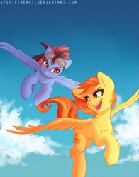 Size: 785x1000 | Tagged: safe, artist:spittfireart, derpibooru import, spitfire, oc, oc:gale force, pegasus, pony, cloud, colored, cute, cutefire, duo, female, floppy ears, flying, goggles, looking at each other, male, mare, open mouth, sky, spread wings, stallion, wings
