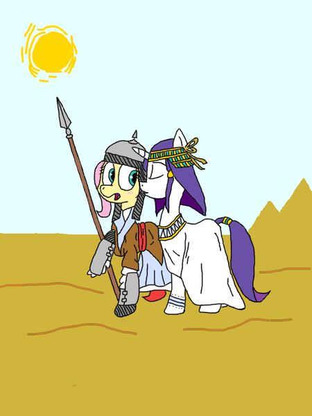 Size: 720x960 | Tagged: artist needed, safe, derpibooru import, fluttershy, rarity, anachronism, armor, chainmail, desert, drawfag, egypt, egyptian, female, flarity, helmet, history, islam, islamashy el fatih, kissing, lance, lesbian, mamluk, pyramid, shipping, soldier, turkic, warrior, weapon