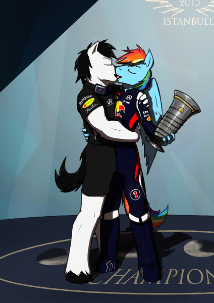 Size: 895x1267 | Tagged: safe, artist:krd, derpibooru import, rainbow dash, oc, oc:gear head, anthro, canon x oc, clothes, formula 1, gay, male, rainbow blitz, rule 63, trophy