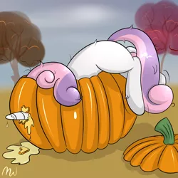 Size: 3000x3000 | Tagged: safe, artist:malwinters, derpibooru import, sweetie belle, pony, horn impalement, hungry, pumpkin, puncture, silly, silly pony, solo, sweetie fail