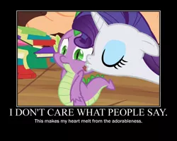 Size: 750x600 | Tagged: safe, derpibooru import, edit, edited screencap, screencap, rarity, spike, secret of my excess, cute, eyes closed, female, floppy ears, frown, kiss mark, kissing, lipstick, male, motivational poster, shipping, sparity, spikelove, straight, wide eyes