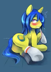 Size: 481x680 | Tagged: safe, artist:ende26, derpibooru import, oc, unofficial characters only, pony, unicorn, blushing, clothes, gritted teeth, looking at you, looking back, mouth hold, plot, side, sock, socks, solo, sweat, wide eyes