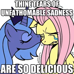 Size: 473x473 | Tagged: artist:megasweet, crying, derpibooru import, edit, eyes closed, fluttershy, licking, princess luna, reaction image, s1 luna, sad, safe, scott tenorman must die, shuddering, simple background, south park, white background, ye olde butcherede englishe, your tears are delicious
