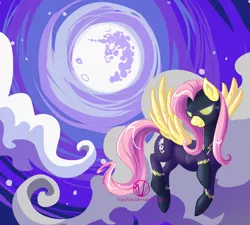 Size: 1280x1153 | Tagged: safe, artist:varaann, derpibooru import, fluttershy, pegasus, pony, clothes, cloud, cloudy, costume, female, flying, fully moon, mare in the moon, moon, night, nightmare night, shadowbolts, shadowbolts costume, solo