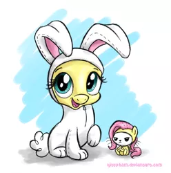 Size: 1024x1031 | Tagged: angel bunny, angel is not amused, artist:kitty-ham, bunny costume, bunny pajamas, bunnyshy, clothes, costume, cute, derpibooru import, duo, fluttershy, fluttershy suit, frown, hilarious in hindsight, looking at you, pony costume, safe, shyabetes, smiling, unamused