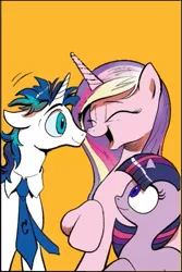 Size: 367x549 | Tagged: cadance laughs at your misery, derpibooru import, edit, exploitable meme, filly, happy, idw, inverted mouth, laughing, meme, princess cadance, safe, screaming armor, shining armor, spoiler:comic, twilight sparkle, younger