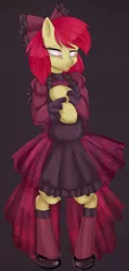 Size: 400x840 | Tagged: dead source, safe, artist:misukitty, derpibooru import, apple bloom, pony, semi-anthro, bipedal, blind, clothes, dress, goth, solo