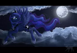 Size: 2347x1612 | Tagged: artist:kocurzyca, cloud, cloudy, derpibooru import, flying, moon, night, princess luna, safe, solo