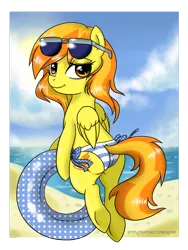 Size: 900x1200 | Tagged: suggestive, artist:pijinpyon, derpibooru import, spitfire, pony, alternate hairstyle, beach, bikini, bipedal, clothes, female, solo, solo female, sunglasses, swimsuit, topless, wedgie, wet mane