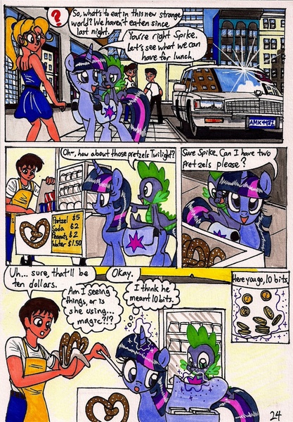 Size: 1280x1842 | Tagged: safe, artist:newyorkx3, derpibooru import, spike, twilight sparkle, twilight sparkle (alicorn), alicorn, dragon, human, pony, comic:twilight and the big city, bits, cadillac, car, comic, female, male, mare, pretzel, saddle bag, traditional art