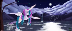 Size: 1280x565 | Tagged: alternate hairstyle, artist:auroriia, braid, cloud, cloudy, derpibooru import, moon, mountain, night, princess celestia, sad, safe, scenery, shore, solo, splash, stars, tree, water, waterfall