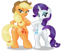 Size: 1024x851 | Tagged: anthro, applebutt, applejack, artist:aleximusprime, ass, barbie doll anatomy, breasts, busty applejack, busty rarity, derpibooru import, female, plot pair, rarity, rearity, sexy, sideboob, simple background, suggestive, transparent background, unguligrade anthro