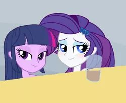 Size: 550x451 | Tagged: suggestive, derpibooru import, rarity, twilight sparkle, equestria girls, 2 girls 1 cup, bedroom eyes, chocolate milk, exploitable meme, not milk, pure unfiltered evil, spill, spilled milk, two girls one cup