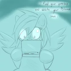 Size: 1000x1000 | Tagged: artist needed, safe, derpibooru import, rainbow dash, pegasus, pony, creepy rainbow dash, evil, female, mare, monochrome, nintendo ds, pokémon, pure unfiltered evil, solo, why