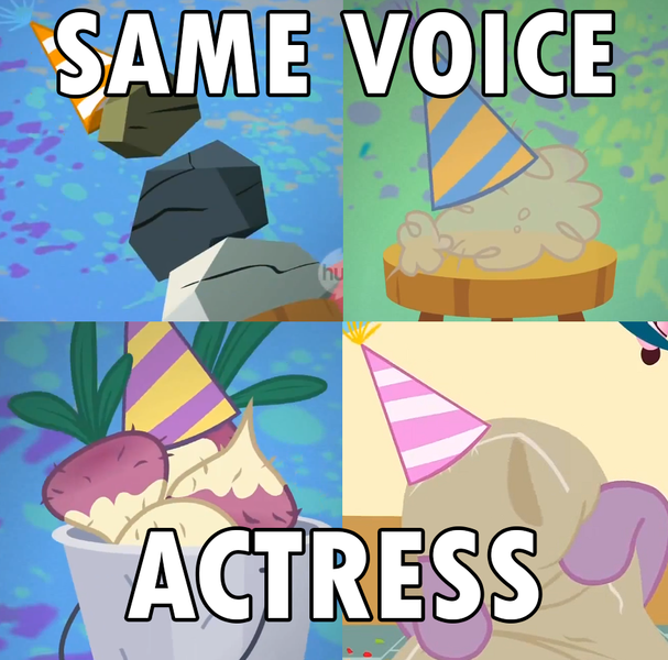 Size: 874x864 | Tagged: anti-humor, caption, derpibooru import, edit, edited screencap, exploitable meme, madame le flour, meme, mr. turnip, party of one, pinkamena diane pie, pinkie pie, rocky, safe, same voice actor, screencap, sir lintsalot, voice actor joke