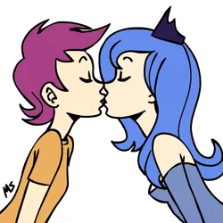 Size: 945x945 | Tagged: artist:megasweet, edit, female, human, humanized, kissing, lesbian, princess luna, s1 luna, safe, scootaloo, scootaluna, shipping, simple background