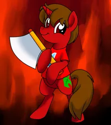Size: 800x900 | Tagged: safe, artist:perfectpinkwater, derpibooru import, ponified, pony, animal crossing, axe, bipedal, killager, solo, twiface, villager, wrong neighborhood