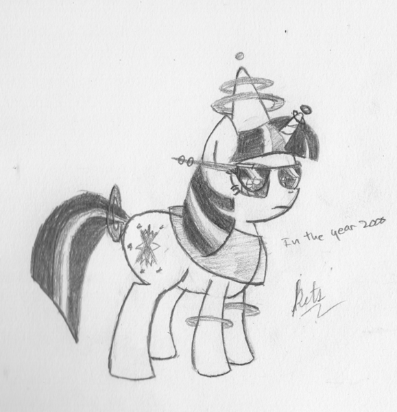 Size: 628x651 | Tagged: 60s, artist:kittyhawk-contrail, clothes, costume, derpibooru import, future, monochrome, safe, solo, traditional art, twilight sparkle