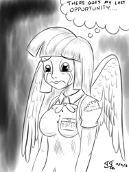 Size: 1200x1600 | Tagged: safe, artist:tomtornados, derpibooru import, twilight sparkle, equestria girls, expression, fired, monochrome, name tag, sad, solo, wings
