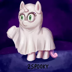 Size: 800x800 | Tagged: 2spooky, artist:senx, bedsheet ghost, boo, clothes, costume, cute, derpibooru import, diasweetes, ghost, halloween, raised hoof, safe, solo, sweetie belle