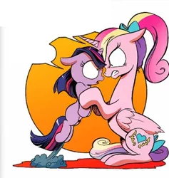 Size: 339x357 | Tagged: safe, derpibooru import, idw, princess cadance, twilight sparkle, pony, spoiler:comic, angry, dissonant cadance, holding a pony