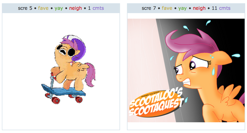 Size: 1054x570 | Tagged: safe, artist:ajmstudios, artist:applebeans, derpibooru import, scootaloo, exploitable meme, fear, juxtaposition, juxtaposition win, meme, nose wrinkle, scared, scootaloo's scootaquest, scooter, teaser