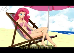 Size: 3300x2372 | Tagged: anime, artist:shinta-girl, barefoot, beach, belly button, bikini, breasts, busty pinkie pie, cleavage, clothes, derpibooru import, fake screencap, feet, female, human, humanized, ocean, pinkie pie, solo, solo female, subtitles, suggestive, swimsuit, umbrella