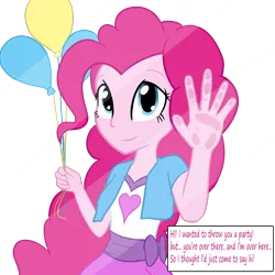 Size: 1024x1024 | Tagged: safe, artist:greeny-nyte, derpibooru import, pinkie pie, equestria girls, against glass, balloon, clothes, dialogue, fourth wall, solo