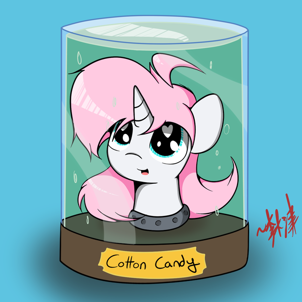 Size: 1400x1400 | Tagged: safe, artist:lightningnickel, derpibooru import, oc, oc:cotton candy, unofficial characters only, pony, unicorn, crossover, cute, disembodied head, futurama, head in a jar, heart eyes, jar, nightmare night, solo, tumblr, wingding eyes