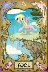Size: 1204x1799 | Tagged: safe, artist:robd2003, derpibooru import, derpy hooves, pegasus, pony, cliff, female, mare, solo, tarot, tarot card, the fool