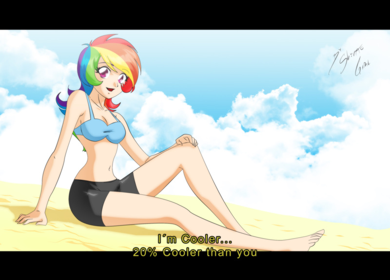 Size: 3300x2372 | Tagged: anime, artist:shinta-girl, barefoot, beach, belly button, bikini, breasts, busty rainbow dash, cleavage, clothes, compression shorts, derpibooru import, fake screencap, feet, female, human, humanized, rainbow dash, solo, solo female, subtitles, suggestive, swimsuit