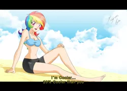 Size: 3300x2372 | Tagged: anime, artist:shinta-girl, barefoot, beach, belly button, bikini, breasts, busty rainbow dash, cleavage, clothes, compression shorts, derpibooru import, fake screencap, feet, female, human, humanized, rainbow dash, solo, solo female, subtitles, suggestive, swimsuit