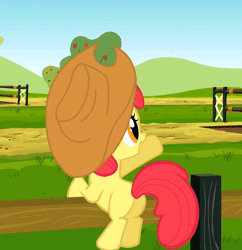 Size: 522x540 | Tagged: accessory swap, adorabloom, animated, apple bloom, cute, derpibooru import, hat, leaning, open mouth, plot, safe, screencap, smiling, solo, the last roundup, waving