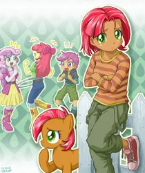 Size: 900x1071 | Tagged: safe, artist:uotapo, derpibooru import, apple bloom, babs seed, scootaloo, sweetie belle, pony, equestria girls, adorababs, boots, clothes, converse, crusaderbetes, cute, cutie mark crusaders, equestria girls-ified, frown, happy, hoola hoop, human ponidox, open mouth, self ponidox, shoes, skirt, smiling, sneakers, uotapo is trying to murder us