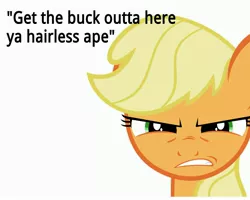 Size: 5000x4000 | Tagged: safe, derpibooru import, edit, edited screencap, screencap, applejack, earth pony, pony, anti-bronybait, female, hatless, image macro, looking at you, mare, missing accessory, out of character, racism, simple background, solo, text, white background