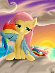 Size: 768x1024 | Tagged: safe, artist:jabbie64, derpibooru import, fluttershy, rainbow dash, cloud, cloudy, female, flutterdash, lesbian, shipping