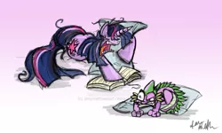 Size: 1024x614 | Tagged: annoyed, artist:amymethvenart, book, derpibooru import, messy mane, pillow, rage, safe, sleeping, snoring, spike, traditional art, twilight sparkle