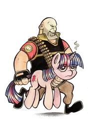 Size: 500x708 | Tagged: safe, artist:uglyapple, derpibooru import, twilight sparkle, human, pony, unicorn, behaving like a weapon, crossover, heavy, heavy weapons guy, holding a pony, running, smoke, team fortress 2, traditional art, twigun, unamused